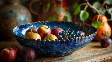 A largerthanlife ceramic fruit bowl featuring a deep blue glaze and a handcarved pattern around the rim. photo