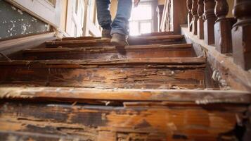 A team of conservators carefully strips away layers of paint and varnish from a wooden staircase revealing the natural beauty of the original wood photo