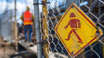 A safety reminder sign is being installed on a fence surrounding the construction site as per the safety officers recommendation photo