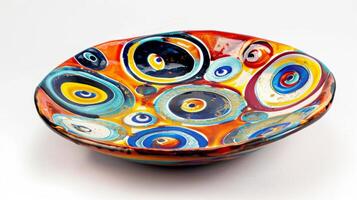 A ceramic plate with a bold and colorful pattern created through the layering technique where multiple layers of glaze were applied. photo