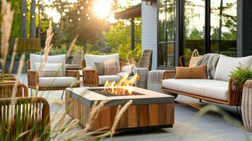 The fire table provides a warm and inviting ambiance to this modern outdoor living area making it the perfect spot for gatherings. 2d flat cartoon photo