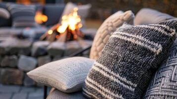 suave almohadas y mantas son terado alrededor el fuego atractivo invitados a relajarse y relajarse. 2d plano dibujos animados foto