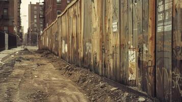 A vintage photo of an oldfashioned wooden fence covered in faded construction notices standing sentinel around a construction site in its early stages