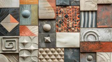 A collection of textured clay tiles each one handcarved with unique geometric patterns and painted with a muted color palette. photo