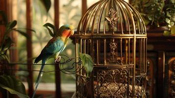 A fancy birdcage stands in a corner of the room complete with a golden frame and intricate details housing a brightly colored parakeet who enjoys gourmet seed mix photo