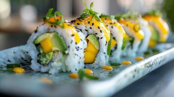A refreshing and summery take on sushi these rolls are filled with avocado mango and cucumber and topped with a zesty lime dressing photo