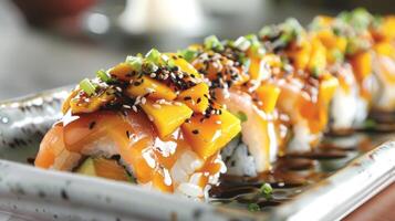 A fusion of Japanese and island cuisines these sushi rolls feature a sweet and savory combination of mango and teriyaki sauce photo