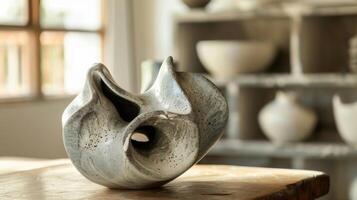 A ceramic vase with a sculptural form featuring abstract shapes and outs that add an artistic touch to any room. photo