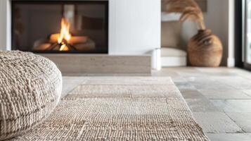 The soft woven rug adds texture and warmth to the cool tiled floor in front of the fireplace. 2d flat cartoon photo