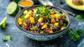 A hearty quinoa and black bean salad topped with fresh mango salsa and a zesty lime dressing photo