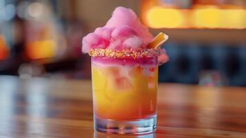 A playful mocktail featuring a cotton candy rim paired with a sharp and tangy aged cheddar photo