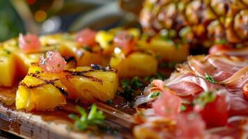 A tropical fruit charerie board with a mix of sweet and savory flavors including grilled pineapple prosciuttowrapped melon and tropical fruit jam photo