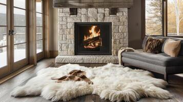 Plush faux fur rugs line the floor in front of the fireplace inviting guests to kick off their shoes and nestle in for a relaxing evening by the fire. 2d flat cartoon photo