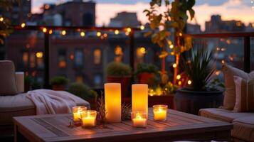 The flickering candles cast a warm and intimate glow creating the perfect ambiance for a rooftop tail hour. 2d flat cartoon photo