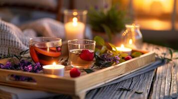 A wooden tray holds an assortment of herbal teas and fresh fruits inviting guests to indulge in a healthy and rejuvenating treat while basking in the candlelight. 2d flat cartoon photo