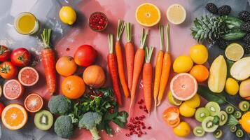 un vibrante formación de vistoso frutas y vegetales puesto fuera en un mesa Listo a ser jugo foto