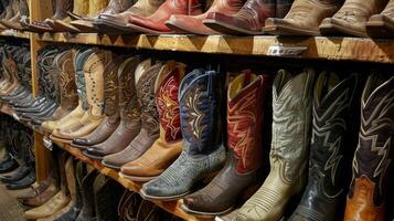 A corner dedicated to cowboy boots showcasing various styles and finishes photo