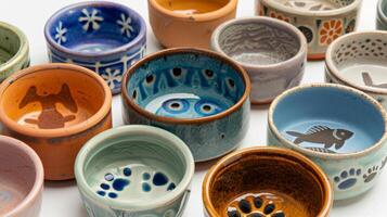 A collection of ceramic pet bowls with different themes and patterns such as paw prints bones and fish demonstrating the versatility and creativity in customizing these bowls. photo