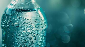 A closeup of a glass bottle filled with sparkling seltzer condensation forming on its surface from the summer heat photo