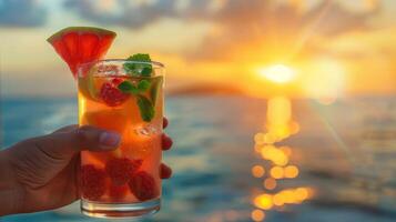 A closeup of a hand holding a fruity drink with a backdrop of the sun melting into the sea in the distance photo