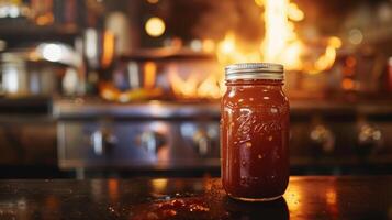 A jar of homemade BBQ sauce sits on the counter its label illuminated by the dancing flames. 2d flat cartoon photo