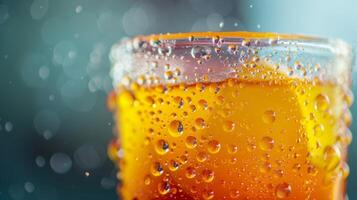 A closeup of a glass of freshly squeezed juice with droplets of water condensing on its surface photo