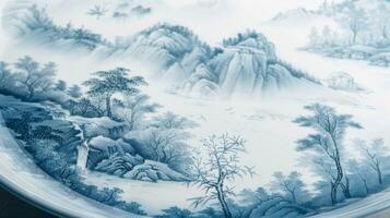 A porcelain platter decorated with a mesmerizing landscape scene engraved with minuscule details. photo