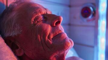 un más viejo hombre disfruta un personalizado sauna experiencia con rojo y azul ligero terapia opciones a relajarse su músculos y estimular su Sentidos. foto