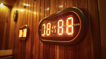 image 11 A closeup of a digital sauna timer displaying large bold numbers counting down the remaining minutes in the session. photo