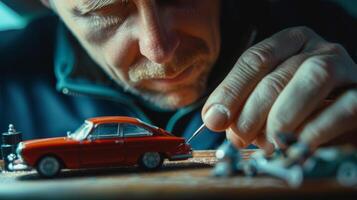 The mans concentration evident on his face as he uses tweezers to add tiny details to a model car photo