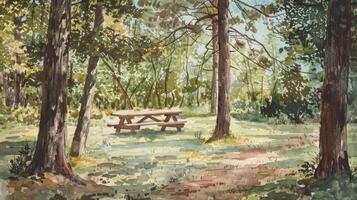 The sound of birds chirping and gentle breeze rustling through the trees creating a peaceful backdrop for the picnic photo