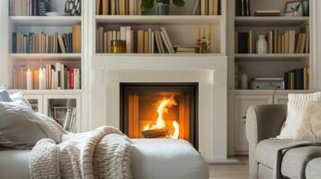 A compact offwhite fireplace sits nestled between two builtin bookshelves its simple design blending seamlessly with the clean and muted color palette of the room. The 2d flat cartoon photo