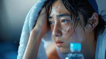 The person wipes their brow with a towel before picking up a bottle of water to stay hydrated during their session. photo