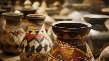 A collection of pottery pieces on display each one representing the unique story and personal journey of the creator. photo