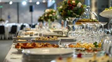 un mesa conjunto arriba con refrescos para el invitados asistiendo el premios ceremonia foto