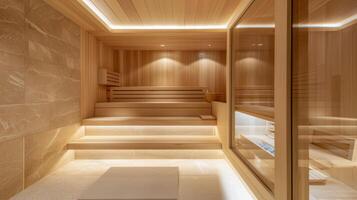 The soft padded benches inside the sauna providing a safe and comfortable space for individuals to sit and let their bodies heal. photo