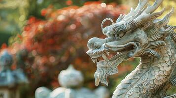 A majestic ceramic dragon statue stands tall guarding over the garden and adding a unique touch to the space. photo