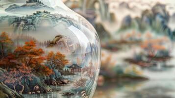 A handpainted ceramic vase featuring a beautiful landscape scene creating a peaceful and serene decoration. photo