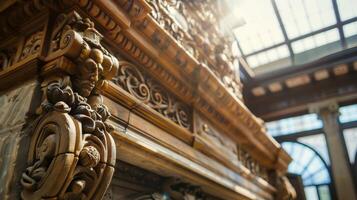 Natural light from a skylight above illuminates the elaborate handcrafted mantel showcasing the intricate details of the ornate fireplace. 2d flat cartoon photo