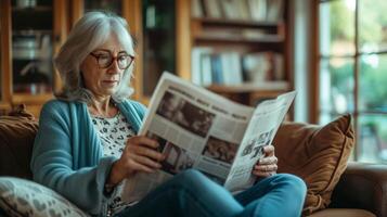 un maduro mujer se sienta con las piernas cruzadas en su vivo habitación sofá atentamente estudiando financiero periódicos y revistas como ella planes para su Jubilación inversiones foto