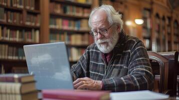 Curled up in a corner of the library a senior citizen fiercely typing away on his laptop while surrounded by reference books photo