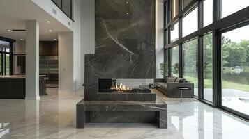 A floortoceiling marble fireplace creates a stunning focal point in the openconcept living space. The rich gray s of the marble are complemented by the flickering flames 2d flat cartoon photo