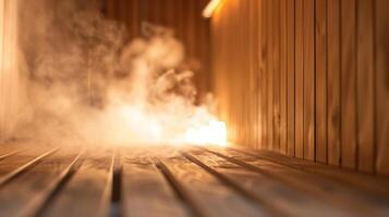Steam rising from the saunas cedar walls as the temperature rises. photo