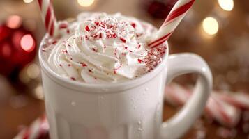 A decadent white hot chocolate infused with peppermint and topped with a generous dollop of whipped cream and a candy cane stir stick photo