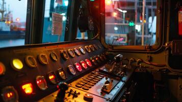 The cabins control panel is lit up with different colored lights indicating the cranes current movements photo