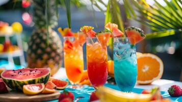 un temática Mocktail fiesta con un vibrante tropical tema completar con brillantemente de colores bebidas y tropical Fruta brochetas foto