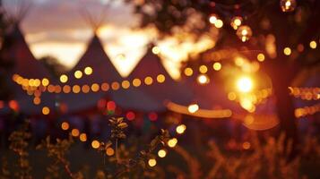 The sun sets behind a row of tipis casting a warm and inviting glow over the festival as it continues into the night photo