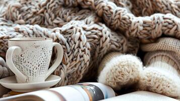 A detail shot of a fluffy pair of socks peeking out from under a knitted blanket lying next to a mug of ginger tea and a pile of books photo