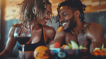 A smiling couple enjoying a postworkout meal packed with all the essential nutrients and replenishing electrolytes after a morning sauna session. photo