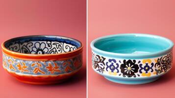 A before and after photo of a plain ceramic pet bowl and the same bowl after it has been personalized and transformed with vibrant colors and designs.